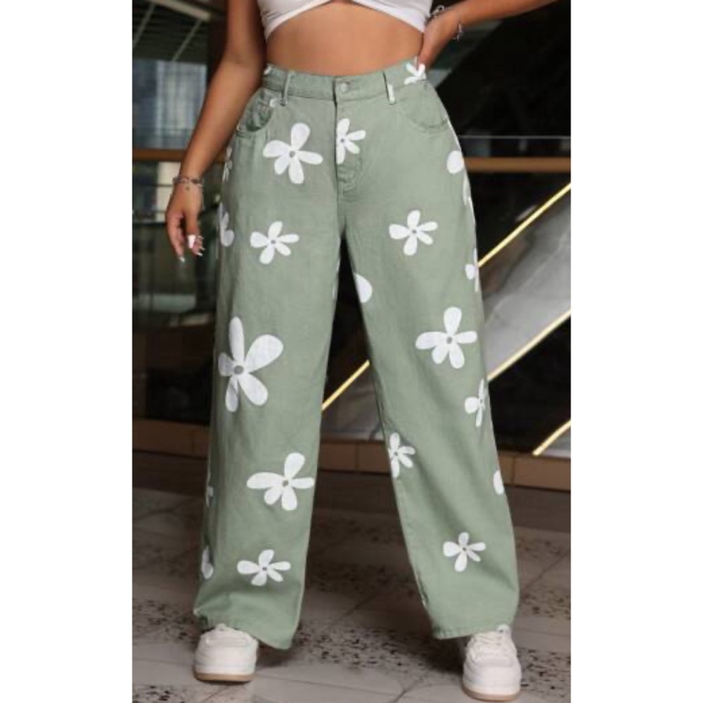 Green Floral Wide-Leg Jeans